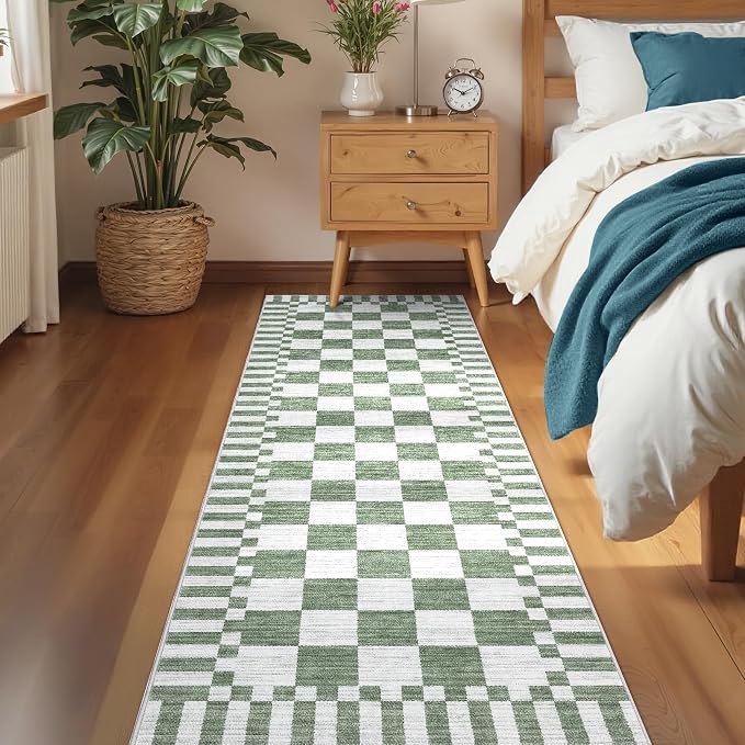 GarveeHome 2×8 Kitchen Runner Rug Non Slip, Sage Green Checkered Rug, Washable - Image 3