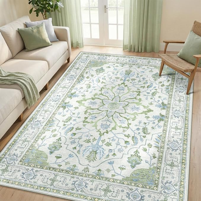 RELEANY Area Rugs 5'x8' Washable Non-Slip, Floral Vintage Distress Medallion by RELEANY
