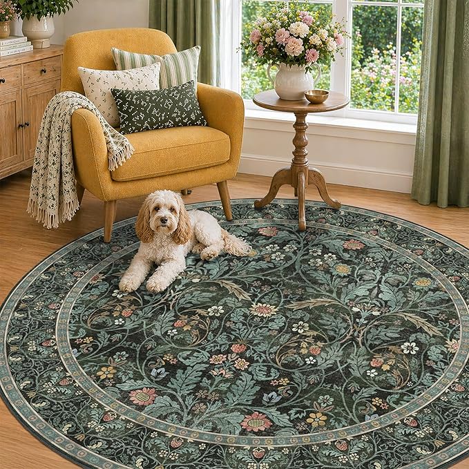 Washable 7ft Round Area Rug for Living Room, Dark Green Vintage Floral Rug for by Evyhood