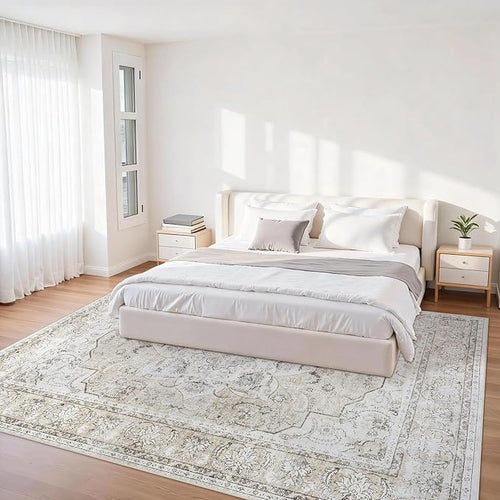 6x9 Area Rugs for Living Room:Beige Washable Vintage Medallion Carpet Non-Slip - Image 2
