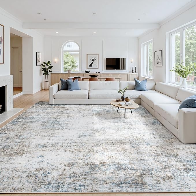 Area Rug 10x14 Living Room Rug Washable: No-Slip Abstract Soft Thin Large Brown by Oriannal