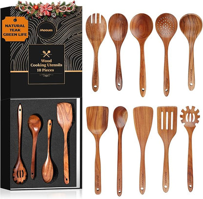 Mooues Wooden Spoons for Cooking, Wooden Utensils for Cooking Natural Teak by Mooues