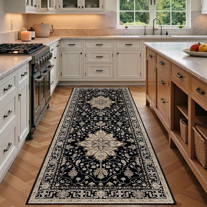 RELEANY Area Rugs Runner 3'x8' Washable Non-Slip, Floral Vintage Distress by RELEANY
