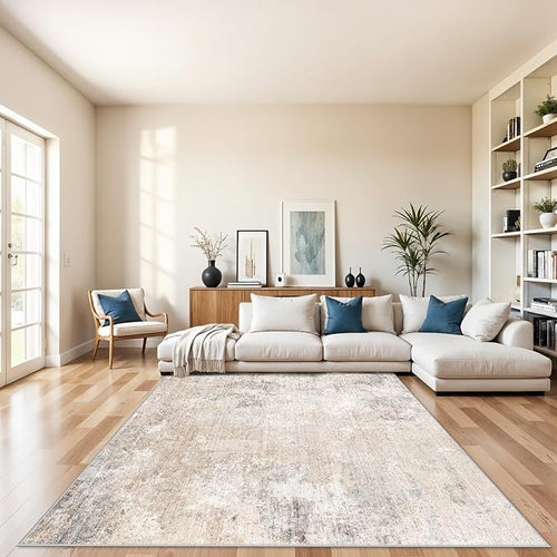 8x8 Square Living Room Area Rug – Washable Modern Neutral Abstract Indoor Rug by BYYVOORugsforYourHome