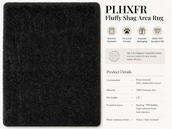 Area Rug for Living Room Bedroom: 6x9 Black Soft Fluffy Shag Upgrade Non-Slip - Image 4
