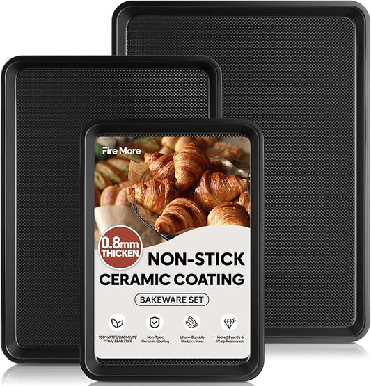 3 Pack Baking Sheet Pan Set, 0.8mm Thick Nonstick Cookie Sheets by FireMore