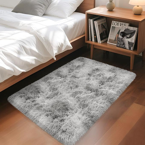 2x3 ft Shaggy Tie Dyed Grey Rug Small, Fluffy Furry Area Rugs by TENNOLA