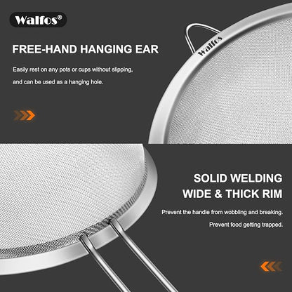 Walfos Fine Mesh Strainers Set, Premium Stainless Steel Colanders and Sifters - Image 3