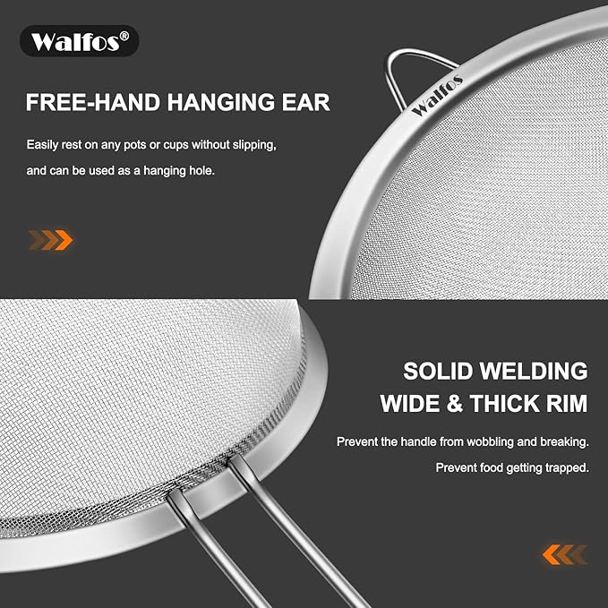 Walfos 6.95 Inch Fine Mesh Strainers, Premium Stainless Steel Colanders and - Image 3