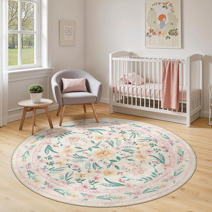 Pink Floral Round Rug 5ft, Washable Boho Circle Area Rug - Image 7