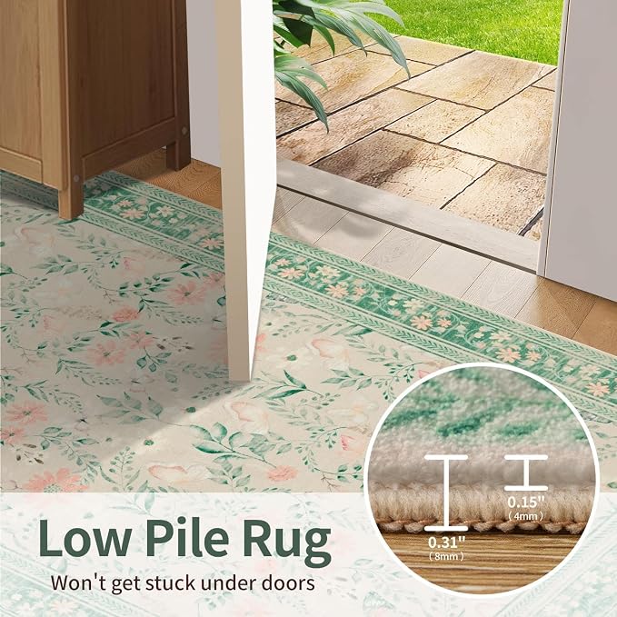 Rugxara 4ft Floral Round Rug, Washable Circle Rug, Non Slip Low Pile Carpet - Image 6