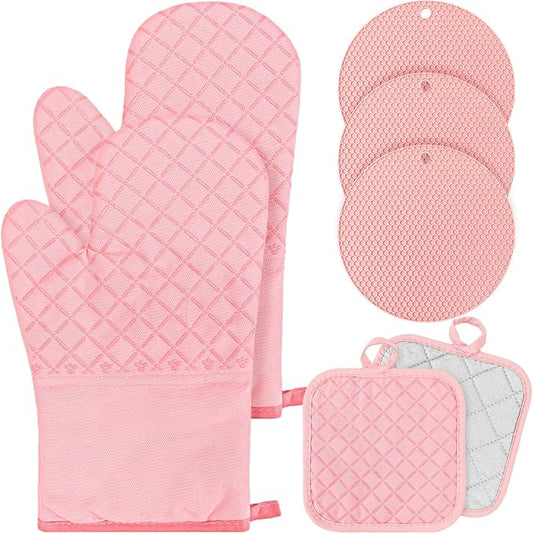 Sumind Pink Oven Mitts and Pot Holders 7 Sets, Heat Resistant Kitchen Gloves by Sumind
