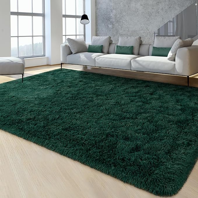 FlyDOIT Large Area Rugs for Living Room, 4x6 Feet Deep-Green Shaggy Rug Fluffy - Image 2