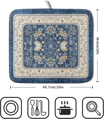 Blue Boho Dish Drying Mat for Kitchen Counter 16x18 Inch Fast Dry Drying Pad - Image 2
