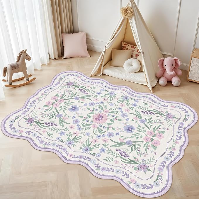Scalloped Floral Rug 5x7, Soft Low Pile Cottagecore Carpet - Image 3