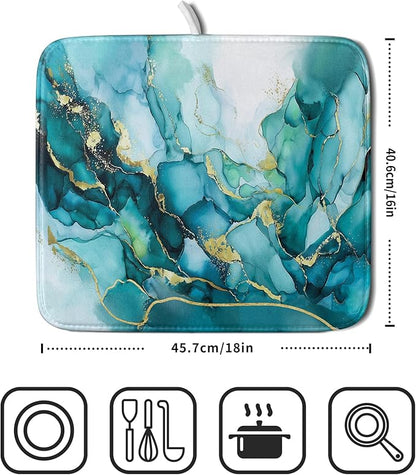 Giwawa Teal Marble Dish Drying Mat Turquoise Blue Marbling Print Dish Drainer - Image 2