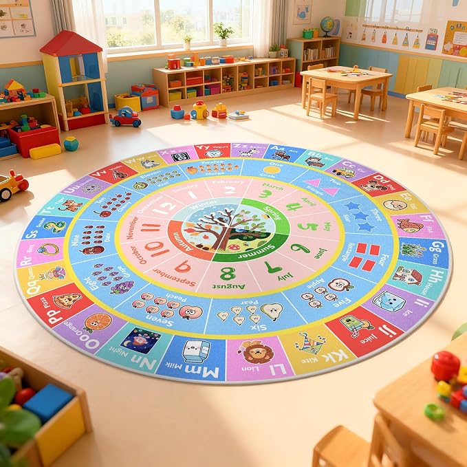 ABC Kids Rug for Playroom, 5ft Round Alphabet Small Classroom Rug, Non-Slip - Image 8