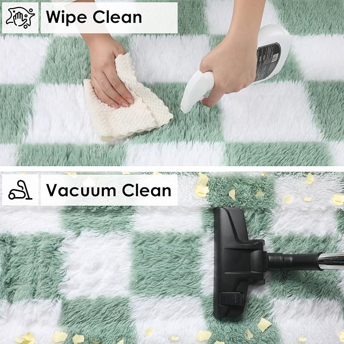 KICMOR 4x6 Rug for Bedroom Living Room, Fluffy Sage Green and White Checkered - Image 4