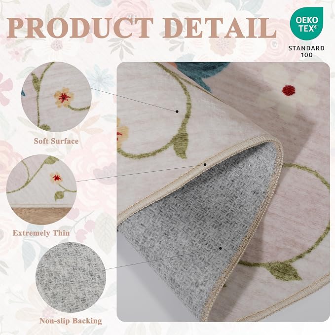 DUKINO 2.6x14 Kitchen Runner Rug, Lightweight Floral Washable Rug - Image 4