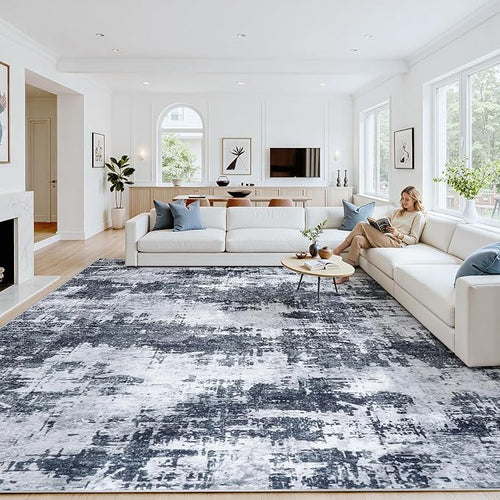 9x12 Area Rugs for Living Room Washable: Abstract Soft Thin Low Pile Black Rug by Oriannal