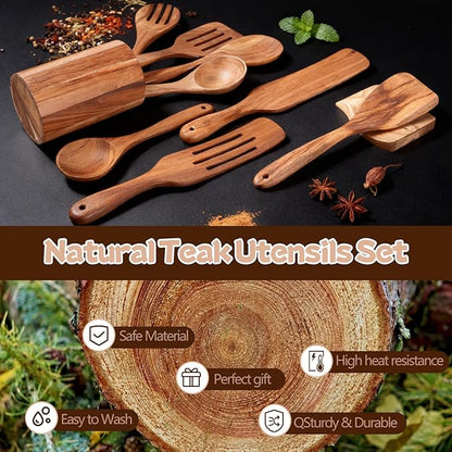 MYRAINBOW Wooden Spoons for Cooking, 10-Piece Teak Wooden Cooking Utensil Set - Image 2