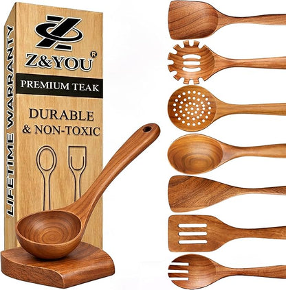 9-Piece Teak Wooden Utensil Set – Wooden Spoons by Unknown