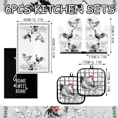 Leinuosen 6 Ink Rooster Farmhouse Kitchen Decor Dish Towels Oven Mitts and Pot - Image 3