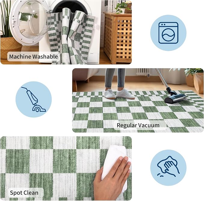 GarveeHome 2×12 Kitchen Runner Rug Non Slip, Sage Green Checkered Rug, Washable - Image 7