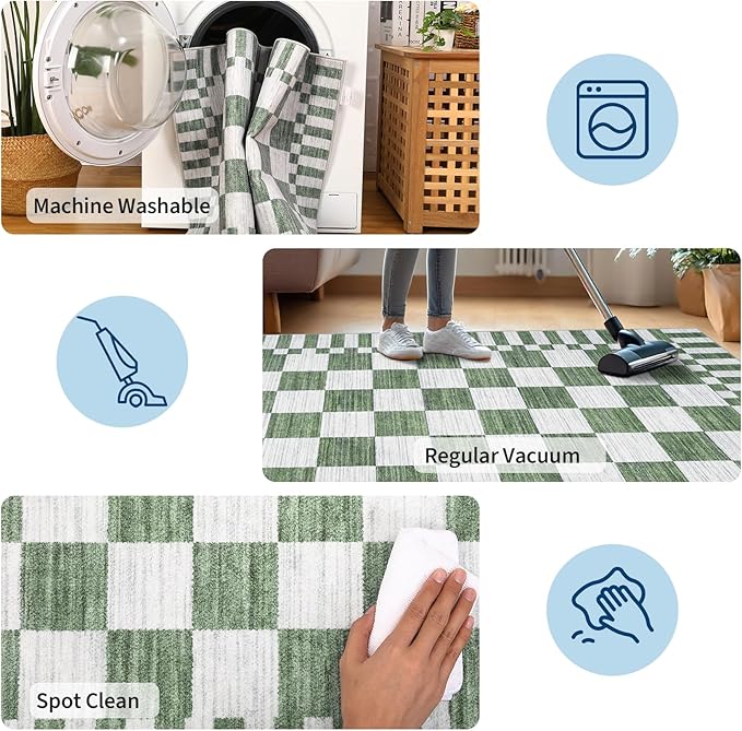 GarveeHome 2.5×8 Kitchen Runner Rug Non Slip, Sage Green Checkered Rug - Image 7