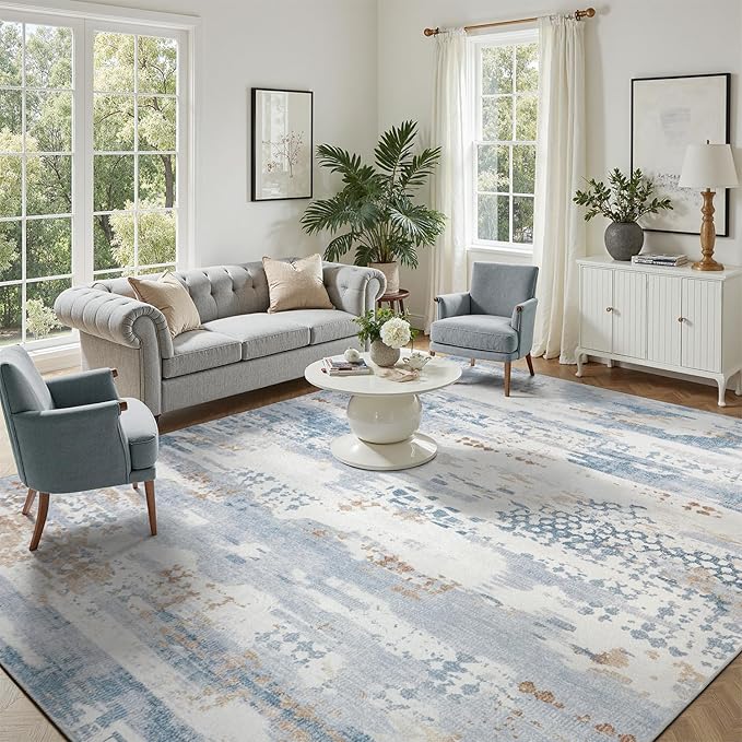 DCX Abstract Area Rug 6x9, Washable Blue Modern Rug - Image 4