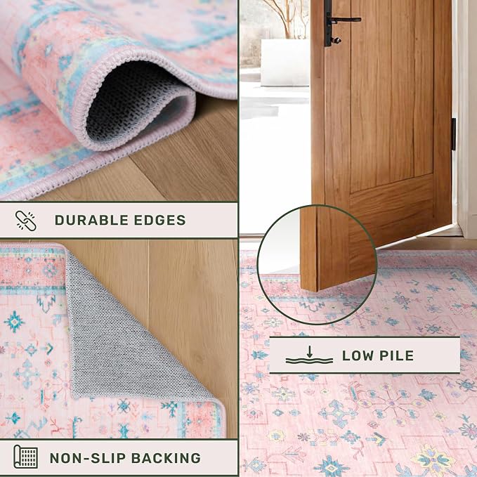 Washable Pink and Blue 6x9 Oushak Rugs - Image 6