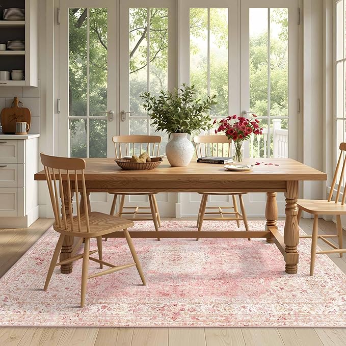 Latte&Fog Washable Pink Rug, Vintage 5x7 Area Rugs - Image 5