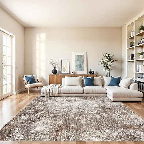 8x8 Square Living Room Area Rug – Washable Modern Neutral Abstract Indoor Rug by BYYVOORugsforYourHome