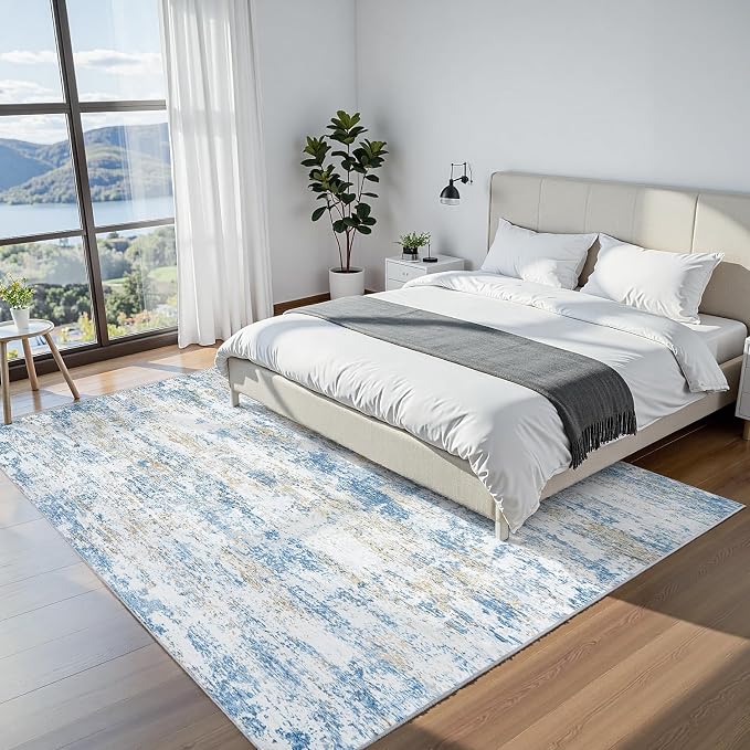 Area Rug 5x7 Living Room Rug Washable: No-Slip Abstract Soft Thin Large Blue - Image 4