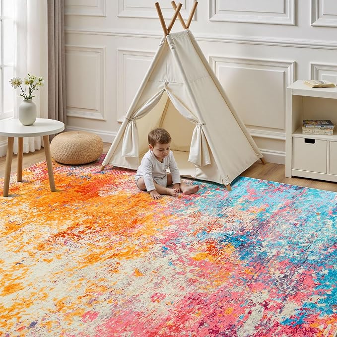 Rugflix 10x14 Area Rugs for Living Room, Washable Colorful Rainbow Rug - Image 2