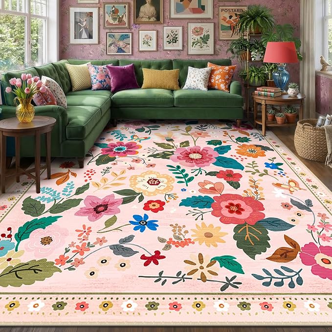 RELEANY Floral 9x12 Area Rugs Washable Print Boho Cute Carpet Non Slip Flower by RELEANY