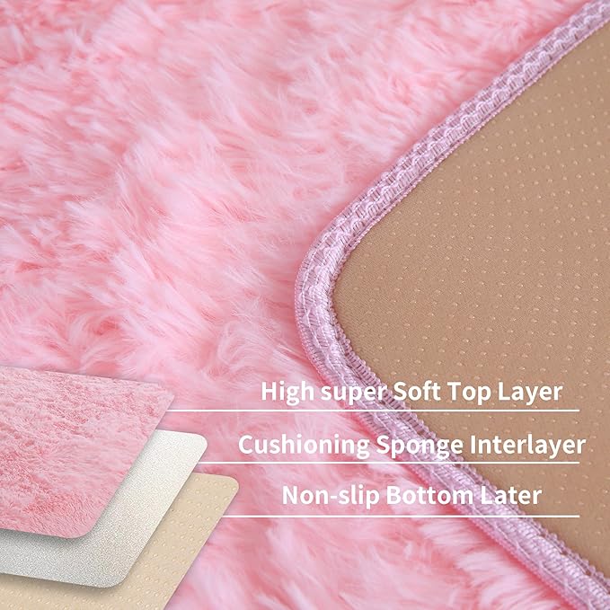 KCHOWUA Pink Fluffy Area Rug for Girls' Bedroom, Large Soft Furry Carpet for - Image 4