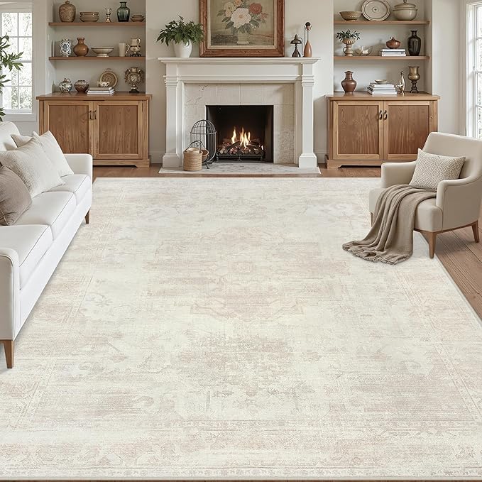 8x10 Area Rugs for Living Room: Vintage Boho Neutral Washable Rug Indoor Soft by Luxturiy