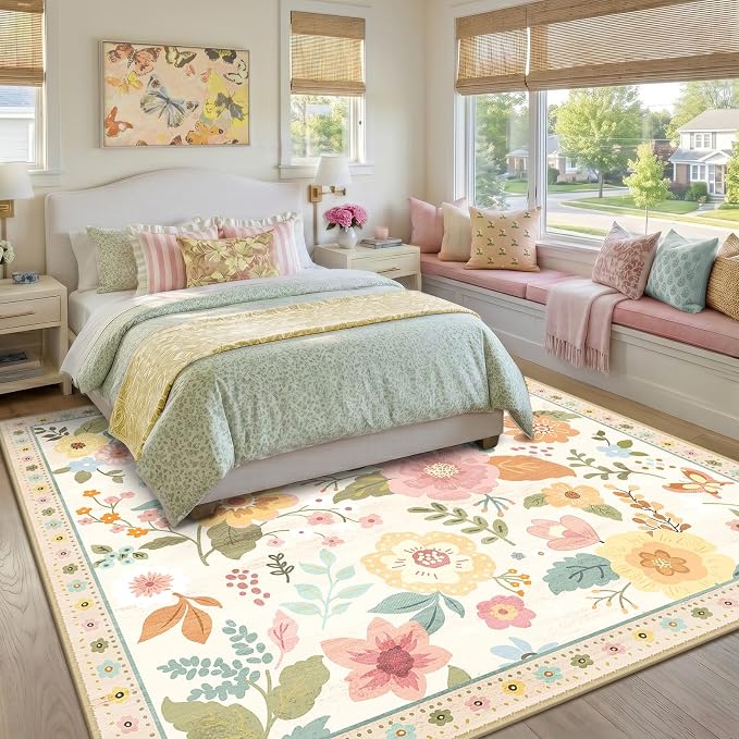 RELEANY Floral Square 6ft Area Rugs Washable Print Boho Cute Carpet Non Slip - Image 9