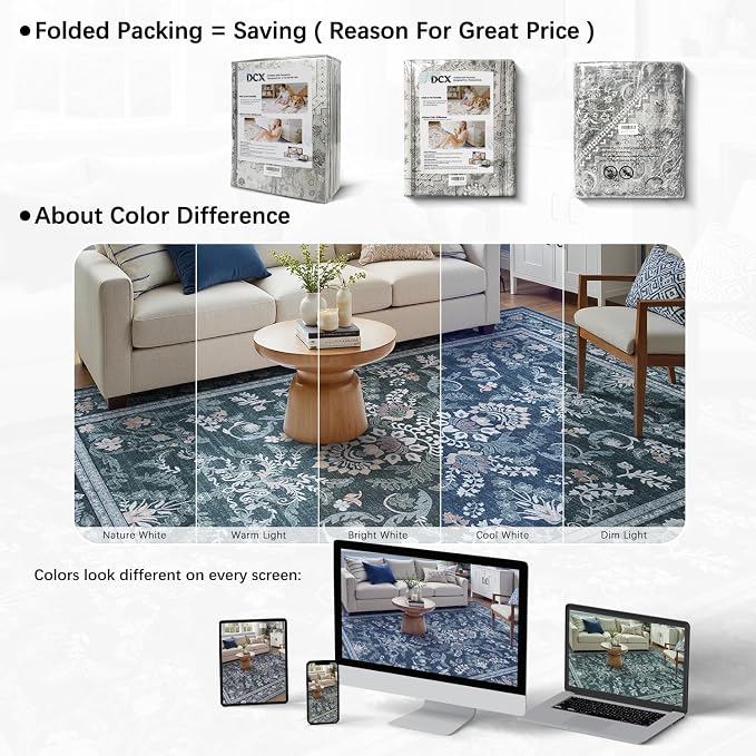 DCX Navy Blue 9x12 Area Rug, Machine Washable Non Slip Stain Resistant Soft - Image 4
