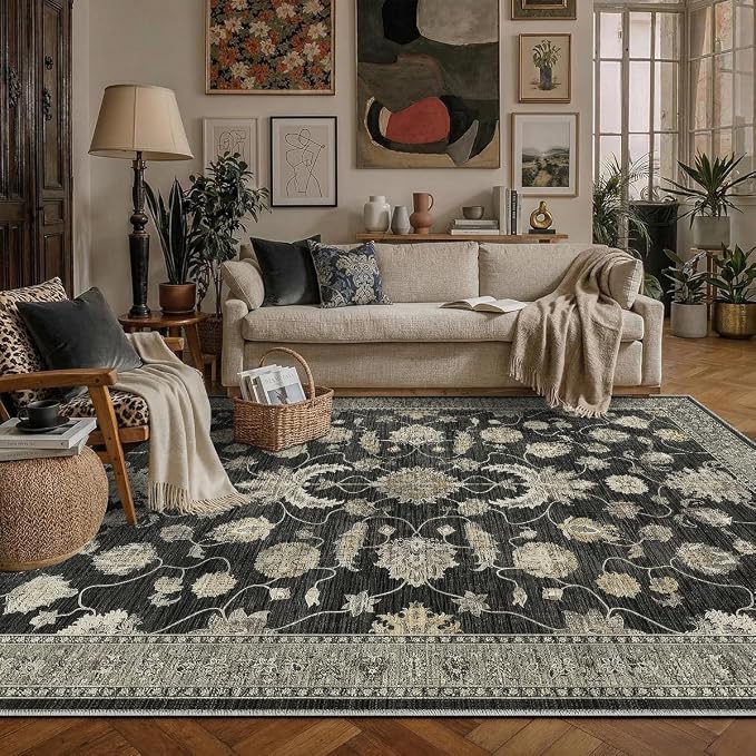 8x10 Area Rug for Living Room-Vintage Farmhouse Boho Floral Washable Stain - Image 7