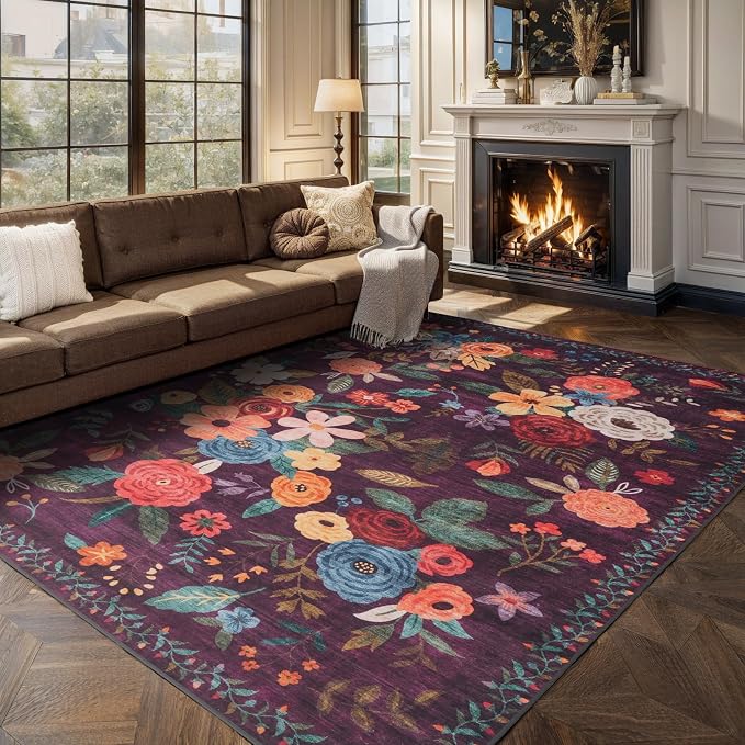 Area Rug 10x14 for Living Room, Non Slip Machine Washable Floral Rug, Low Pile - Image 6