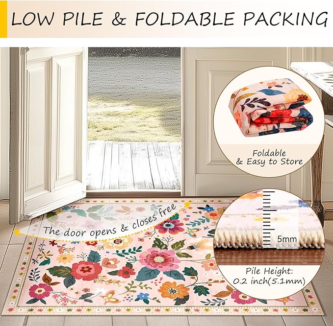 RELEANY Floral Square 4ft Area Rugs Washable Print Boho Cute Carpet Non Slip - Image 4