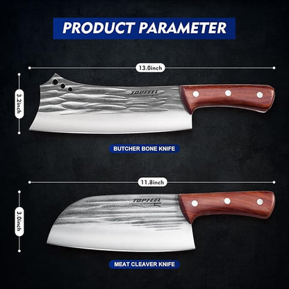 Topfeel 2PCS Meat Cleaver & Heavy Duty Bone Chopper Knife Set, Hand Forged - Image 6