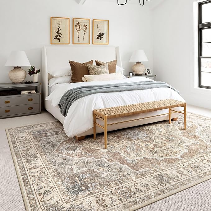 10x12 Washable Area Rug: Vintage Neutral Soft Non Slip Thin Large Floor Carpet - Image 3