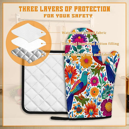 Colorful Bird Oven Mitts and Pot Holders, Flowers Mexican Style Heat Resistant - Image 3