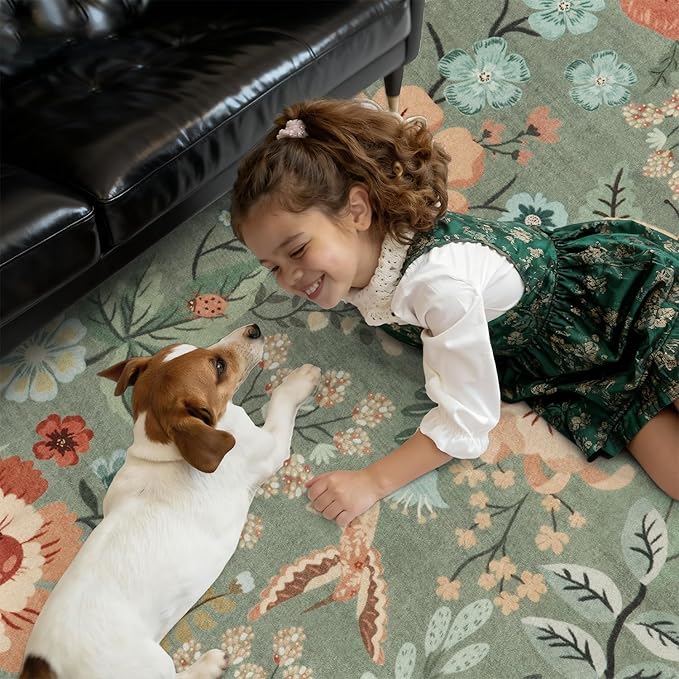 DCX Vintage Floral Rug 8x10, Washable Sage Green Rug - Image 2