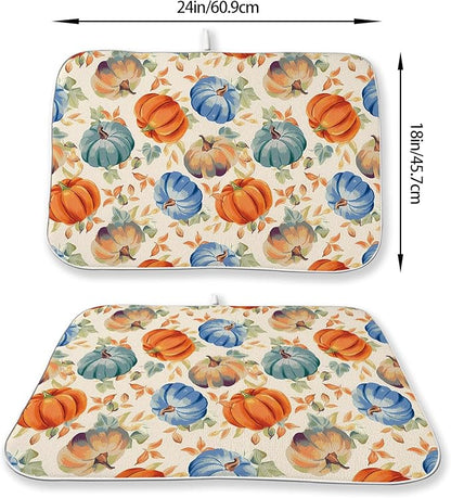 Fall Dish Drying Mat 18x24 Inch Burnt Orange Blue Green Pumpkin Leaves Drying - Image 2