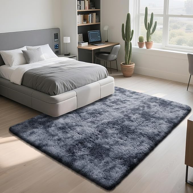 Fluffy Rug Shag Area Rug, Mottling Dark Grey 4x6 Area Rugs - Image 3