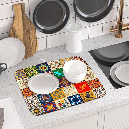 Giwawa Mexican Tile Dish Drying Mat 16"x18" Talavera Boho Floral Print Dish - Image 5